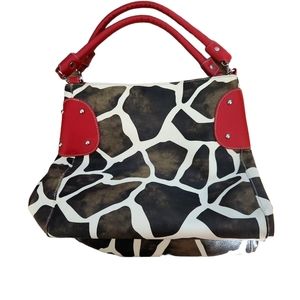 Large Unbranded Giraffe Print Handbag with Red Trim and Interior